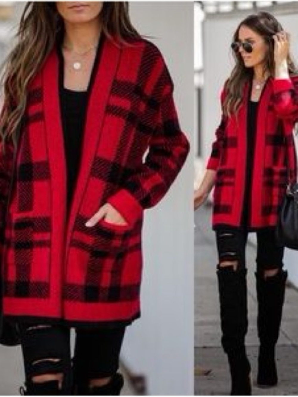 Vici brand Dee Elly Red and Black Plaid Open-Front Cardigan